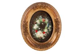 A Victorian oil on panel depicting a floral wreath.