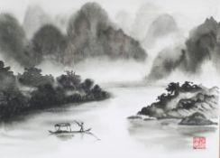 A contemporary Chinese watercolour depicting a landscape scene of a river amongst mountains.