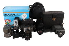 A collection of assorted vintage cine film cameras.