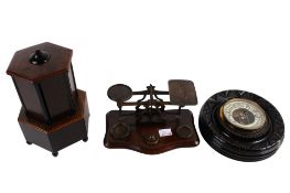 A Victorian barometer, set of scales and a musical cigar box. The barometer by M. H.