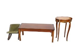 Two contemporary tables and a Victorian child's chair.