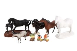Eight ceramic horses and birds. Including a Staffordshire 'Greenfinch' No.