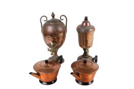 A group of two samovars and two copper covered 'Art Deco' style teapots. Max. H39cm. (4).