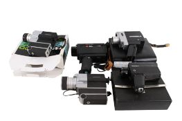 A collection of vintage video cameras. To include a GAF XL/2 Sound, Sankyo Slipper 600, etc.