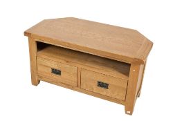 A contemporary light oak television table. Fitted with two drawers, raised on tapered supports, H54.