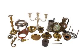 A group of brass, copper and EPNS items. Including candlesticks and a tankard, etc. Max.