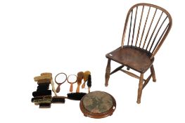 A mixed lot. Including a small Windsor chair (af), a foot stool and collection of hand brushes. Max.