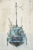 A. Caddick mid-century oil on canvas, fishing boat.