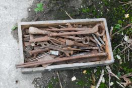 A collection of vintage metal tools. To include spanners, pliers, mole grips, stakes, and more.