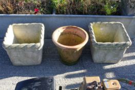 Pair of reconstituted stone square planter and a large terracotta plant pot. Max. H37cm All items in