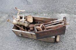 A collection of vintage metalware and tools. To include a set of scales, various axe and mallet