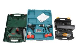 A group of three assorted power tools, cased. Including a Makita cordless hammer drill, a Bosch