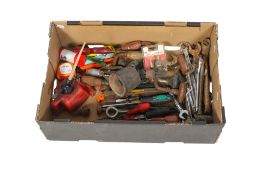 A box of assorted hand tools and accessories. Including spanners, drill bits, etc. All items in this