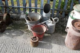 A group of galvanised and other metal items. Including a watering can, buckets, etc. All items in