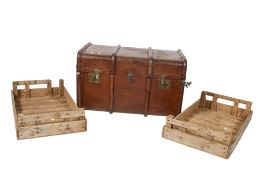A wood-bound trunk and two vintage apple crates. The crates stamped 'Deben Farms' to the sides.