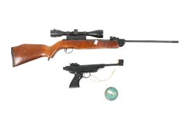 A vintage air pistol and an air rifle. Consisting of an Italian C.22 RO 72 CAL .177 air pistol, a