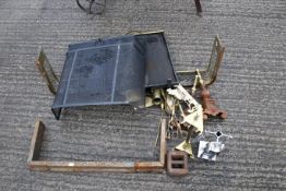 A collection of brass and metalware fireside items. To include two guards, two fenders, and two fire