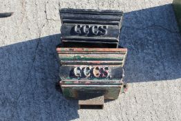A pair of cast metal rain hoppers marked 'GCCS'. Gloucester County Council, Kingswood, Bristol