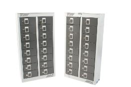 A pair of locker units each having 16 lockers with keys. H92cm x W47.5cm x D18.5cm All items in this