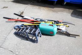 A selection of garden and vehicle tools. To include a Bosch ASH 650 XCEL hedge trimmer, a GoSystem