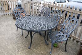 An aluminium Nova Garden Furniture four-seat bistro set. With similar umbrella weight. Painted