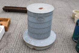 A large galvanised steel poultry feeder. H80cm C80cm. All items in this auction are sold as seen, We