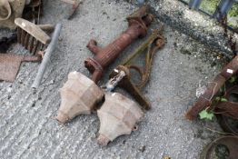 A vintage cast iron water pump, a pair of rain hoppers and a substantial wall bracket All items in