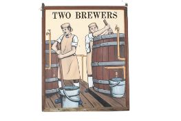 A large hand-painted swinging pub sign. Double sided. The cream background over-painted a previous