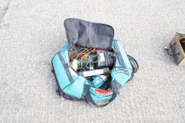 A Makita tool bag and contents. Including a Hitachi angel grinder 110v, etc. All items in this