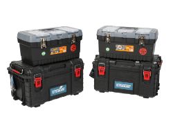 Six empty tool boxes. To include two large heavy duty Erbauer examples (H31cm W56cm D34cm), and four