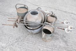 A collection of water related items. Mostly galvanised. Including watering cans, two buckets, a