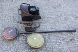 A group of assorted metalware. Including a coal scuttle, copper warming pans, etc. All items in this