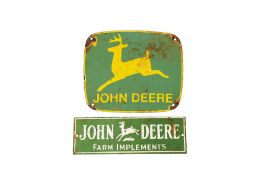 Two John Deere enamel advertising signs. Both single sided. The first 24cm by 28cm, and second 30.