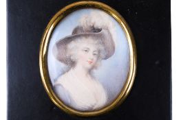 After George Romney, 19th portrait miniature on ivory of a lady.