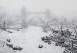 William Lionel Wyllie (British 1851-1931) 'Tower Bridge on the River Thames' etching.