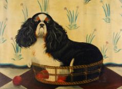 Paul Stagg, oil on canvas, King Charles Spaniel in a Basket.