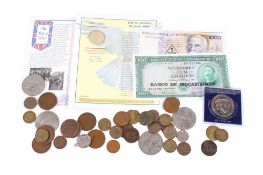 A quantity of mixed UK coins and some foreign banknotes. Including a 1995 £2 coin, etc.