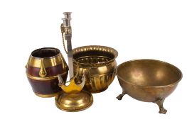 Four pieces of vintage brassware. Comprising a bowl on three scrolling feet, H12cm x Diameter 24.
