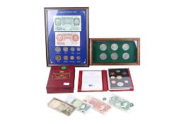 1995 proof coin set and a framed 'Beale' £1 and 10 shilling banknote, etc.