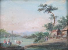 A watercolour miniature painting on card of a bucolic scene with cows. Signed lower right v.