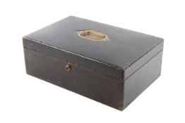 A vintage black leather dispatch box. Having a brass inset handle to the lid (AF).