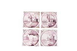 Four 18th Century Delft manganese (purple) and white clay tiles.