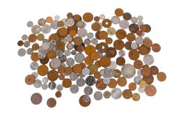 A collection of assorted world coins in a tin. Including some silver ones, etc.