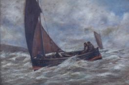 In the style of Charles Napier Henry, oil on board, a boat sailing in a storm.