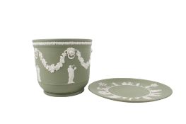 A Wedgwood sage green Jasperware planter and dish.