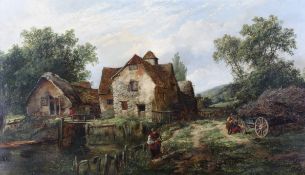 A 19th century oil on canvas, rustic landscape of a mill.