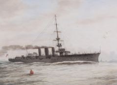 A 19th century watercolour, military ship at sea. Unsigned, 34cm x 46.5cm, framed and glazed, 55.