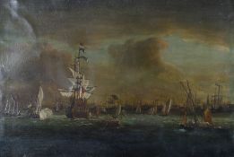 An early 19th century oil on canvas, maritime battle scene. Unsigned, 49.