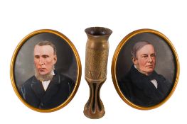 A large Trench Art vase and two hand coloured prints.