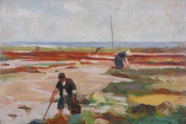 Style of Angustus John (1878-1961), oil on board, 'Shrimpers on the Shore'. Label verso.